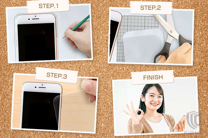 「画面の型をとる＞その型でフィルムを切り取る＞画面に貼り付ける」の工程がわかる画像